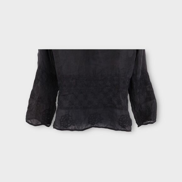 Johnny Was Button Down Shirt Womens Small Black Rayon Embroidered Top Blouse VTG - Picture 7 of 10